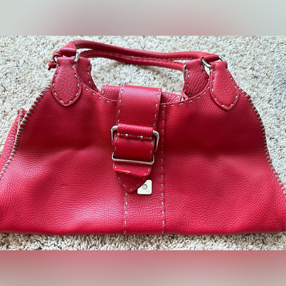 Red Fendi leather shoulder bag with tan stitching
